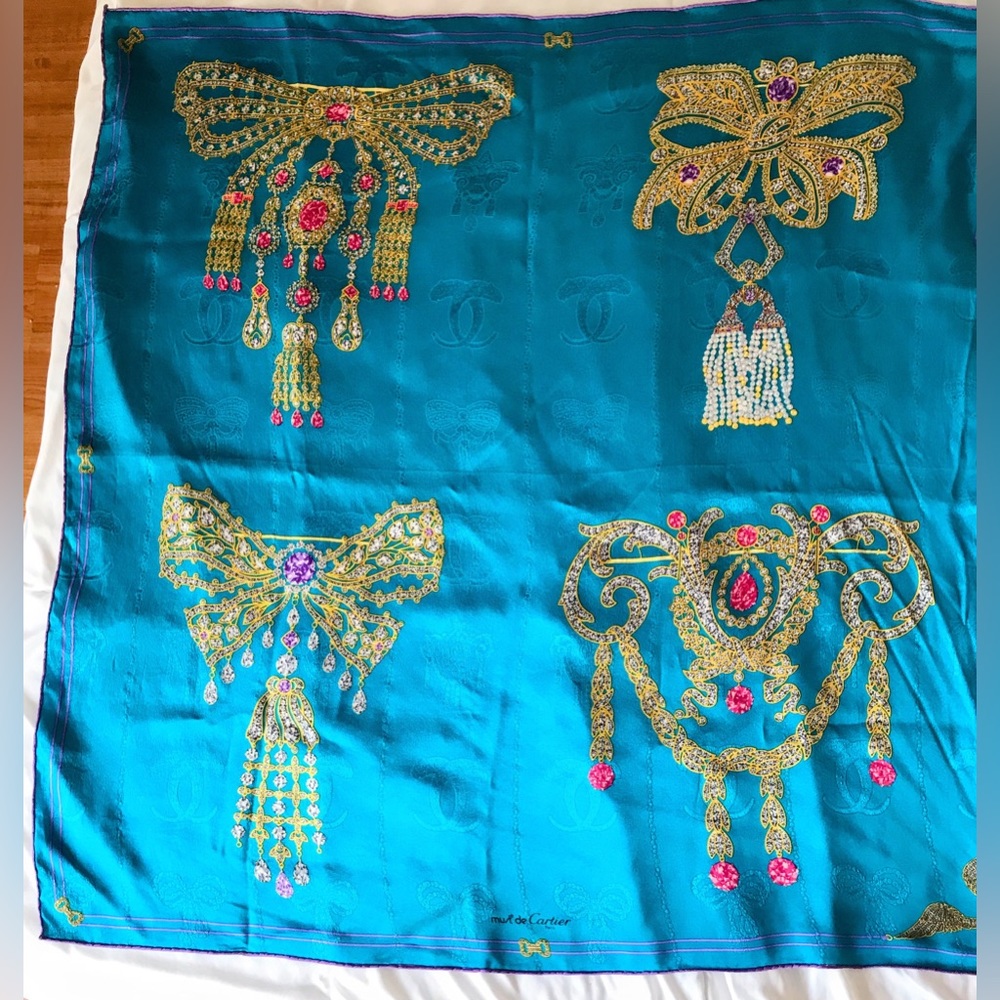 WEEKEND SALE Cartier turquoise jewel tone oversized scarf. 100% silk